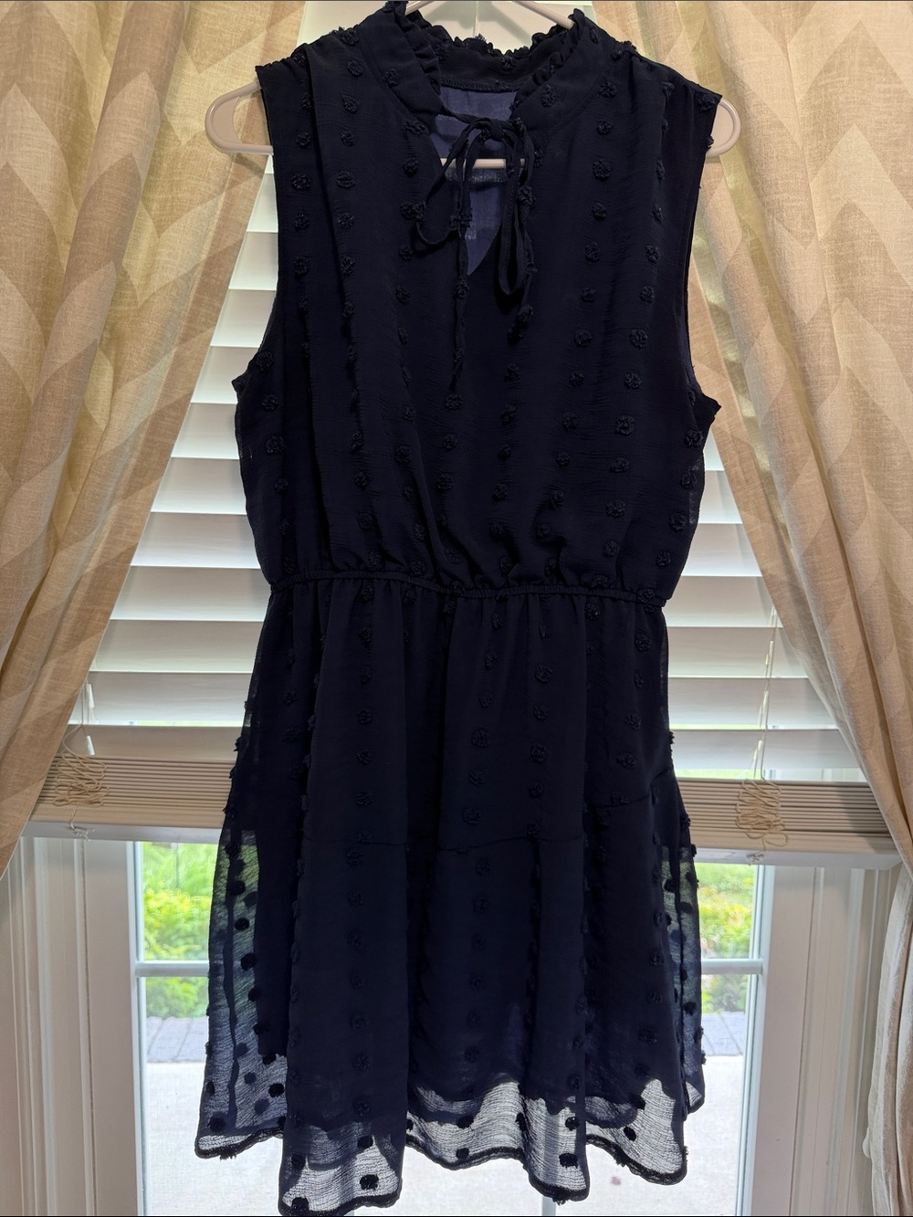Sleeveless Navy Textured Tie-Neck Dress